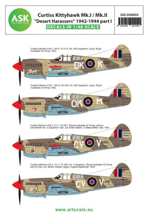 ASK decal 1:48 Curtiss Kittyhawk Mk.I / Mk.II ”Desert Harassers” 1942-1944 part I