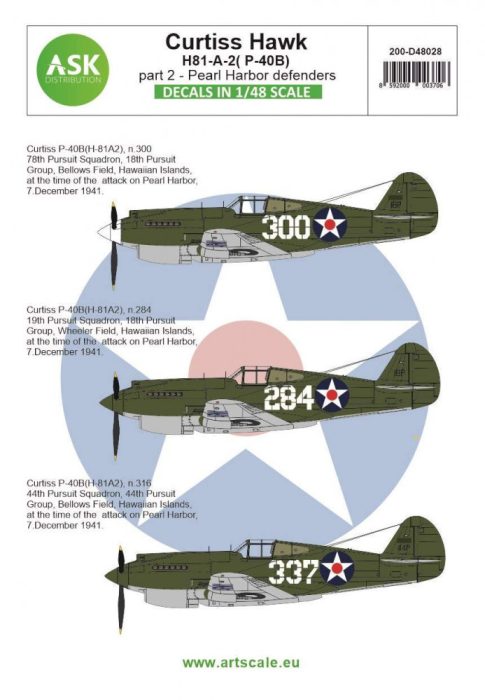 ASK decal 1:48 Curtiss Hawk 81-A-2 (P-40B) part 2 - Pearl Harbor defenders