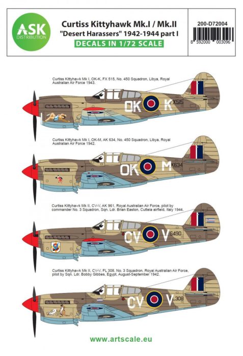ASK decal 1:72 Curtiss Kittyhawk Mk.I / Mk.II ”Desert Harassers” 1942-1944 part I