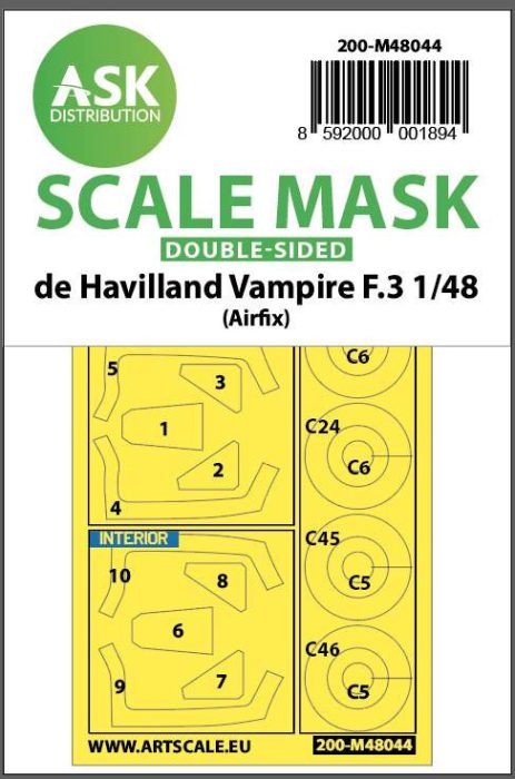 ASK mask 1:48 De Havilland Vampire F.3 double-sided painting mask for Airfix