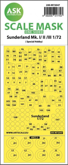 ASK mask 1:72 Sunderland Mk.I, Mk.II, Mk.III one-sided painting mask for Special Hobby