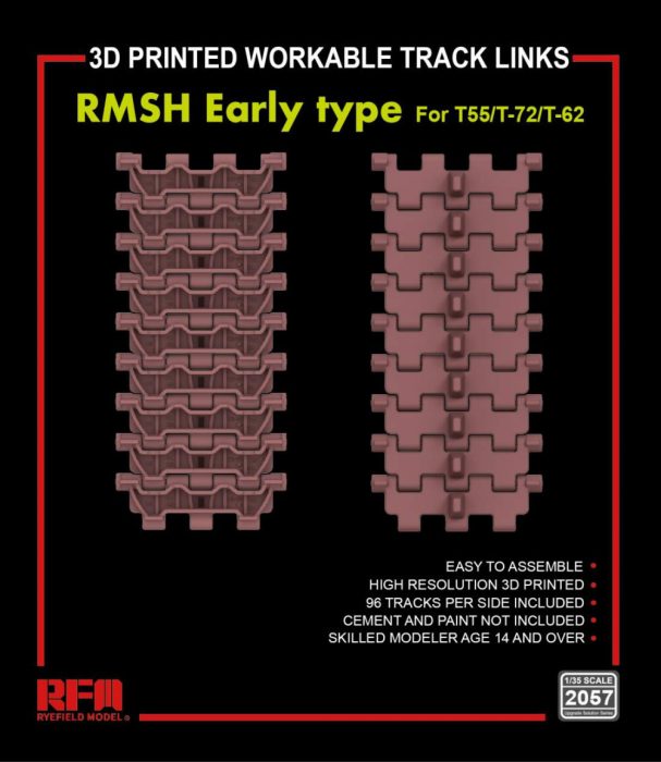 Ryefield model RM2057 1:35 RMSH Early type workable track links for T55/T-72/T-62 (3D printed)