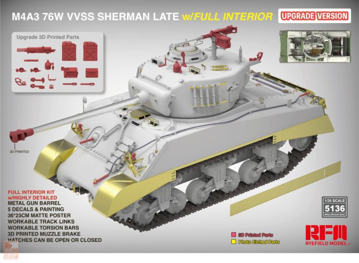 Ryefield model 5136 1:35 M4A3 76W VVSS Sherman late UPGRADE full interior